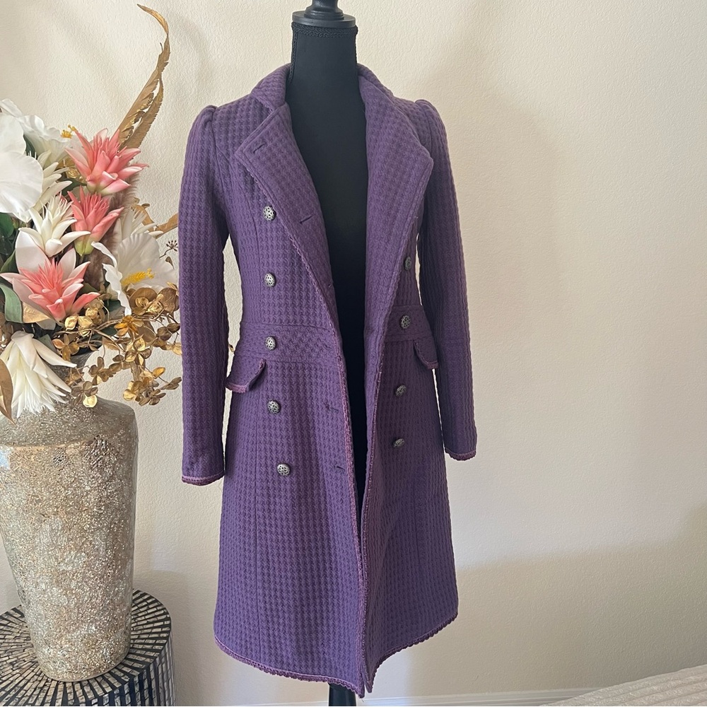 Purple Double Breasted Long Coat w Textured Waffle Knit Pattern Ornate Buttons - Picture 3 of 11
